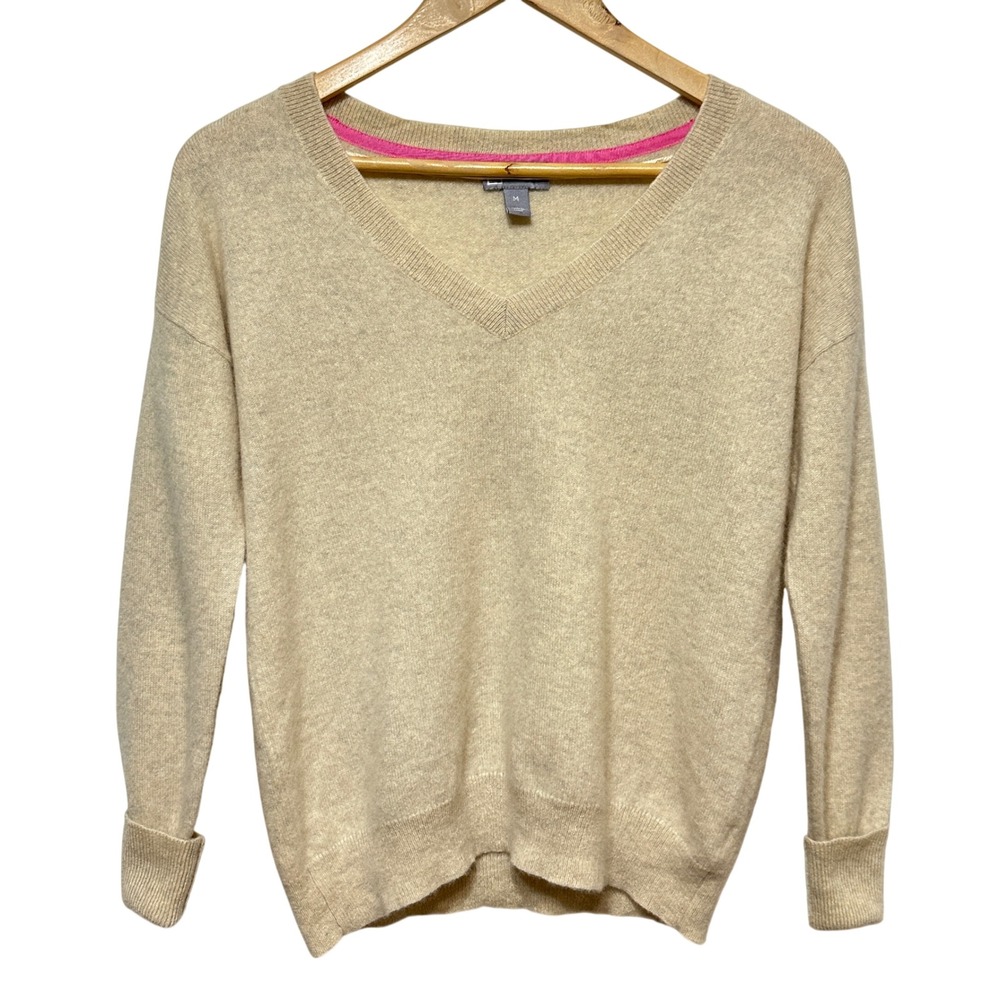 JCP 100% Cashmere V-Neck Sweater Women Medium Tan Soft Girl Knit Neutral Fall